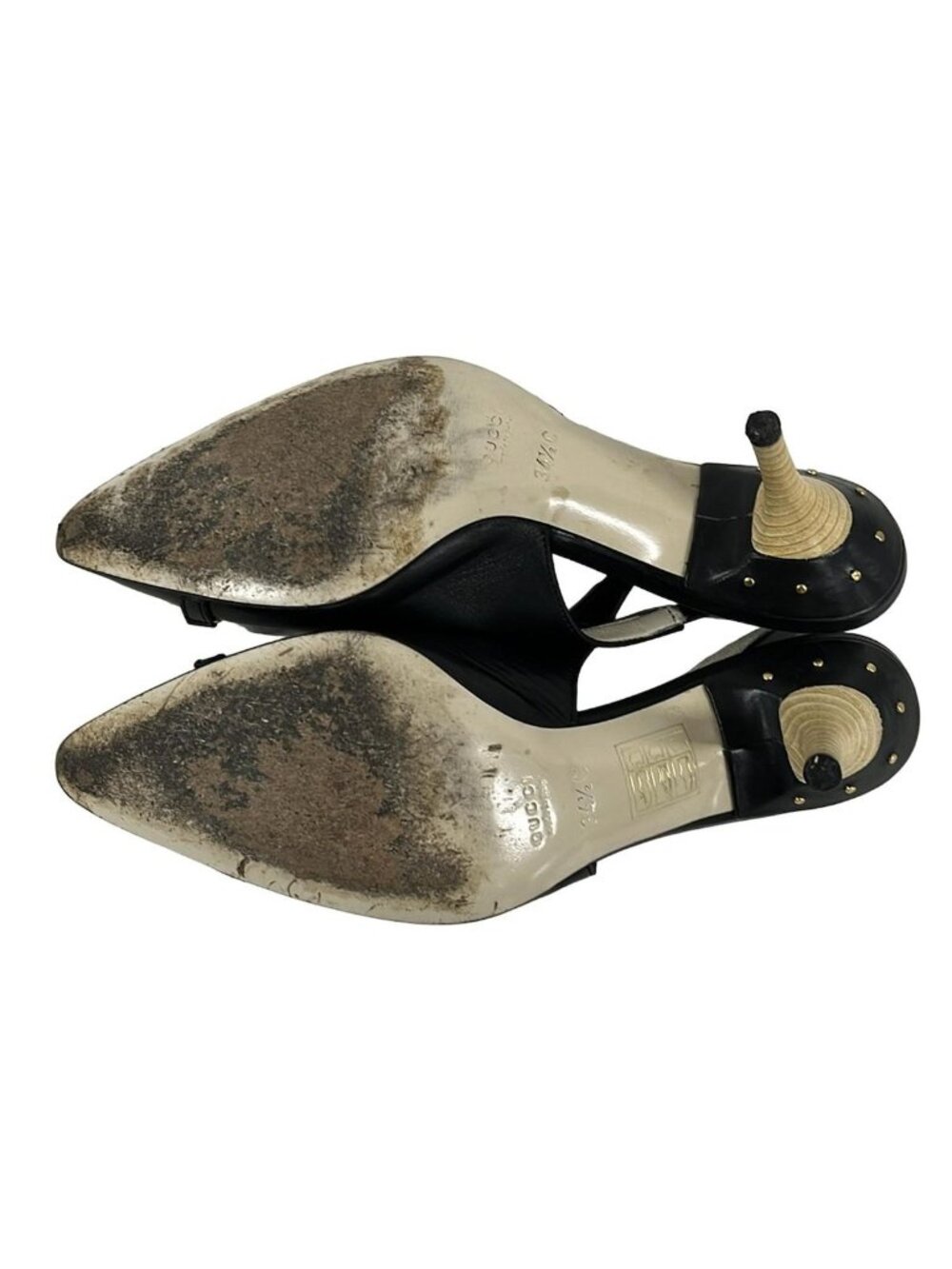 Gucci Sandals 34.5 C Black Light Gray Interlocking Studs Leather - Picture 4 of 6
